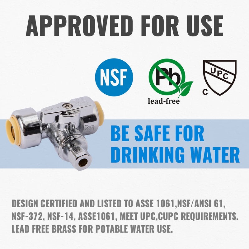 SUNGATOR Service Tee Stop Valve, 1/2 Inch Ptc x 1/2 Inch Ptc x 1/4 Inch Compression, No Lead 1/4 Turn Push Fit Water Valve Shut Off with Disconnect Clip, Push-to-Connect PEX, Copper, CPVC (2-Pack) - Image 2